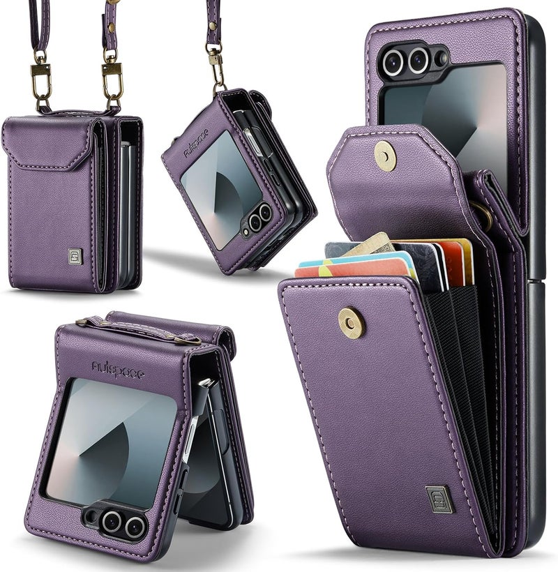 ASAPDOS Crossbody Case Compatible with Samsung Galaxy Z Flip 6/Z Flip 7 FE,Retro PU Leather Strap Wristlet Flip Case with Magnetic Closure and Card Holder for Men Women Purple - Image 1